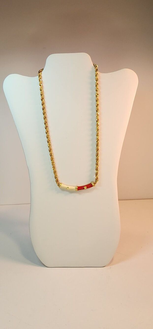 Vintage Gold Tone Necklace with red and cream enameled star pendant bar